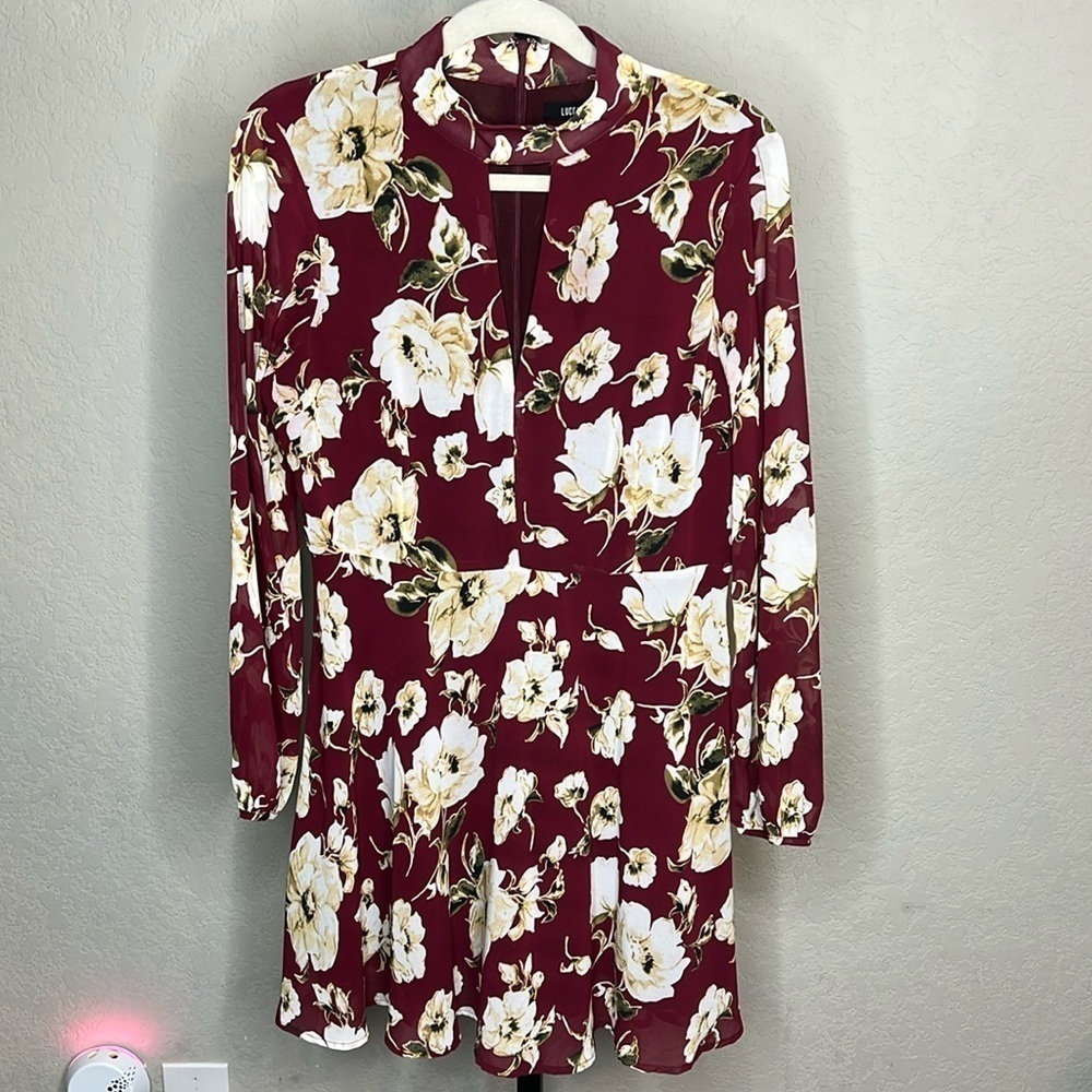 211 - Lucca NWOT Maroon Floral Long Sleeve Mini Dress, Size Medium